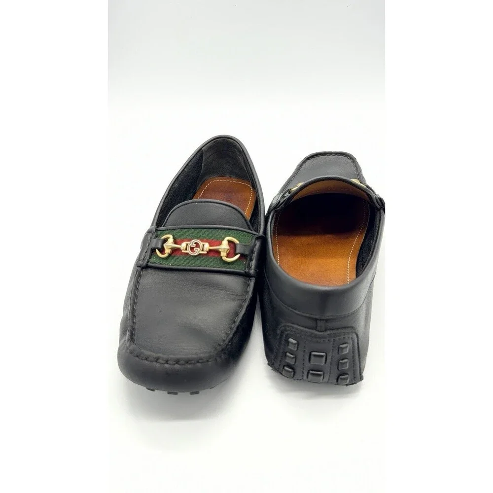GUCCI Driver Men's Black Leather Horsebit With Web Loafers New UK 7 US 7.5